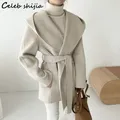 Veste en laine à capuche camel pour femme manteau à lacets mélange élégant tenue épaisse chic