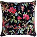 Riva Paoletti Paradise Square Feather Filled Cushion Colourful Bird Print-Faux Velvet Fabric-Machine Washable-100 Case (20" x 20" inches) -Designed in The UK, Cotton, Black, 50 x 50cm