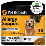 Pet Honesty Dog Max Strength Allergy Support Supplement w Probioitcs Omegas and Zinc Chicken Flavor 90 Count Soft Chews