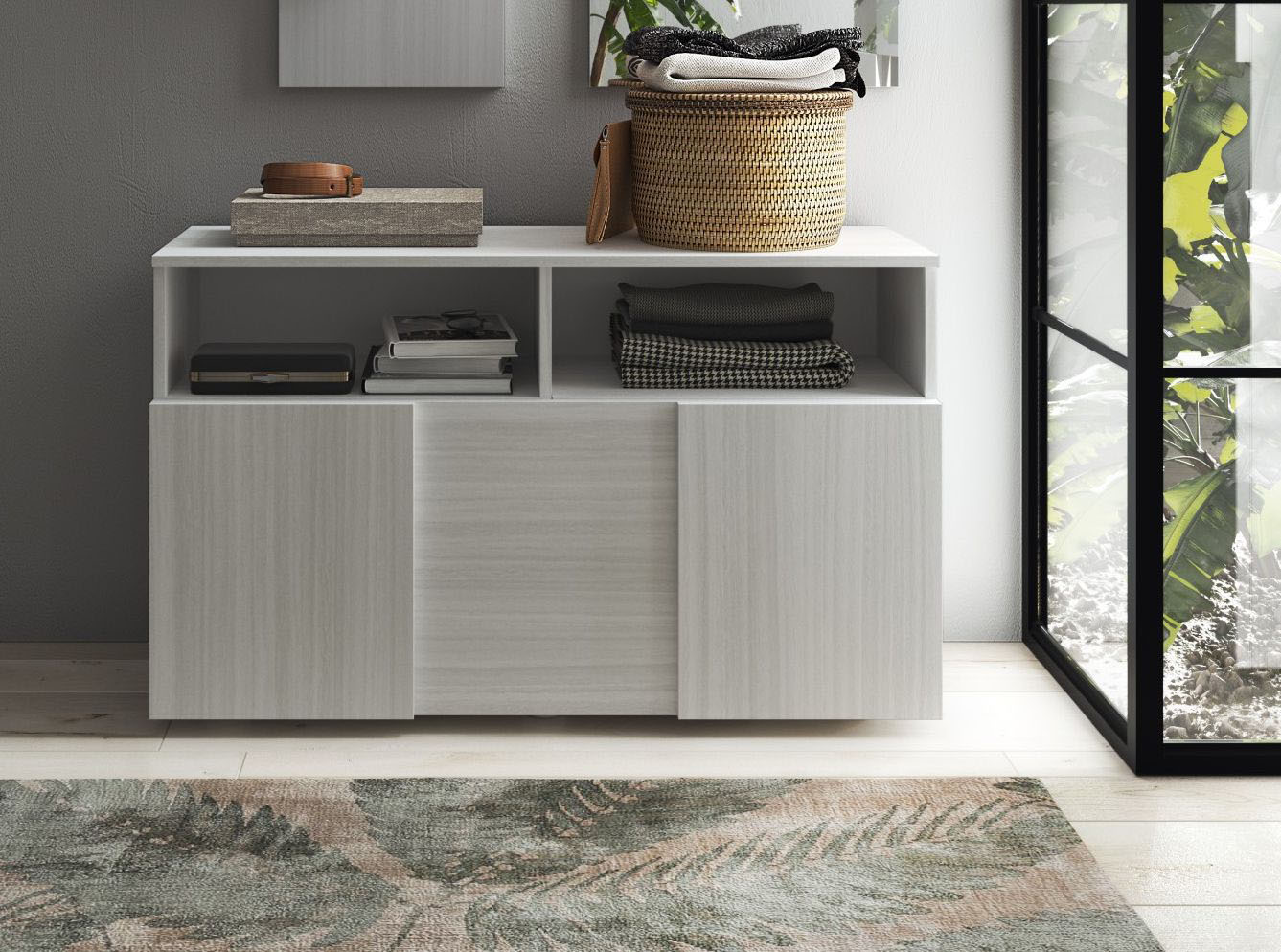 Garderobenschrank HOME AFFAIRE "Dama, Breite 91 cm, Höhe 51 cm, Schuhbank 1 Klappe", grau (eucalipto), B:91cm H:51cm T:35cm, Schränke, Garderobenschrank, Garderobenbank, Front in 3D-Optik