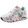 Wedgesneaker SKECHERS "UNO-SPREAD THE LOVE", Damen, Gr. 37, weiß, bunt allover, Lederimitat, kontrastfarbene Details, sportlich, Schuhe Sneaker, Freizeitschuh, Halbschuh, Schnürschuh mit coolem Graffiti-Print