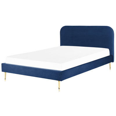 Bett Blau Samtstoff mit Lattenrost 160 x 200 cm Metallfüße Gold hohes Kopfteil Retro Glamourös Polsterbett Doppelbett Sc