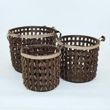 Dark Brown Woven Wood With Fabric Handles Baskets (Set Of 3)
