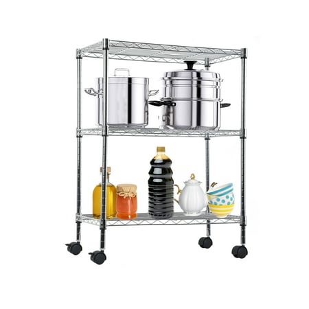 3 Shelf Shelving Storage Units with Wheels Wire Heavy Duty Shelves for Storage Adjustable Storage Shelving Unit for Kitchen Garage Office Small Places Metal Organizer Wire Rack
