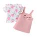 Kucnuzki Infant Baby Girl Clothes 3 Months Summer Dress Sets 6 Months Short Sleeve Rabbit Prints Cozy Top Suspender Smile Prints Dress 2PC Sets Brown Pink