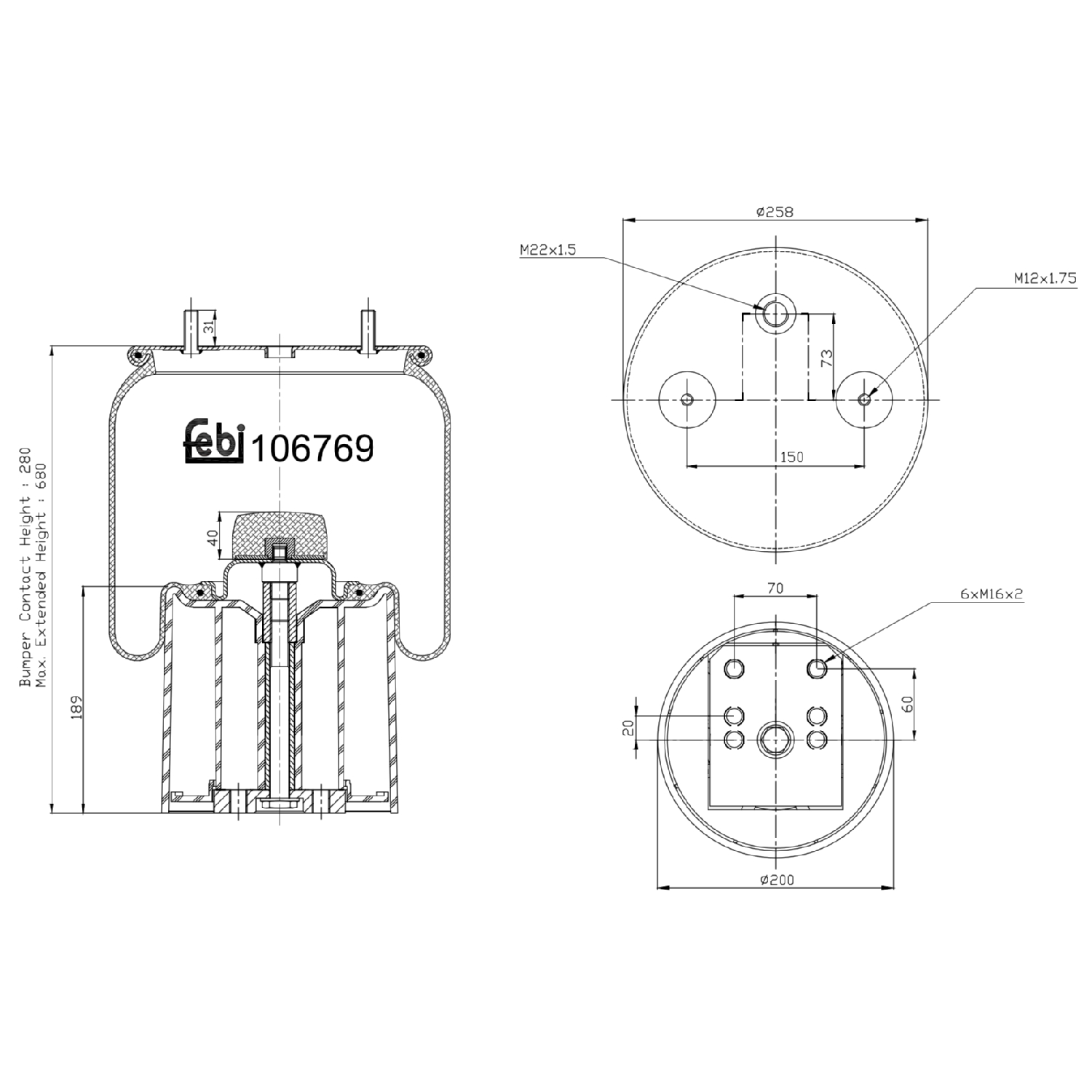 FEBI BILSTEIN Federbalg, Luftfederung Universal mit Kolben 200mm 106769 Image