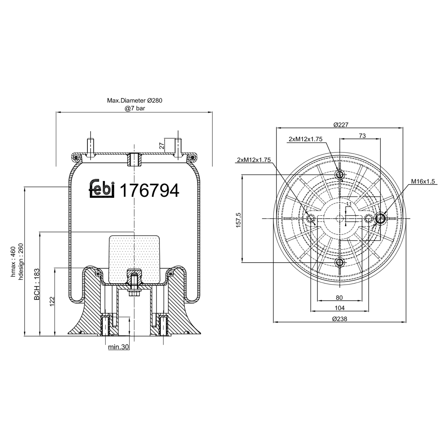FEBI BILSTEIN Federbalg, Luftfederung Universal mit Kolben 227mm für DAF 2037231 176794 Image