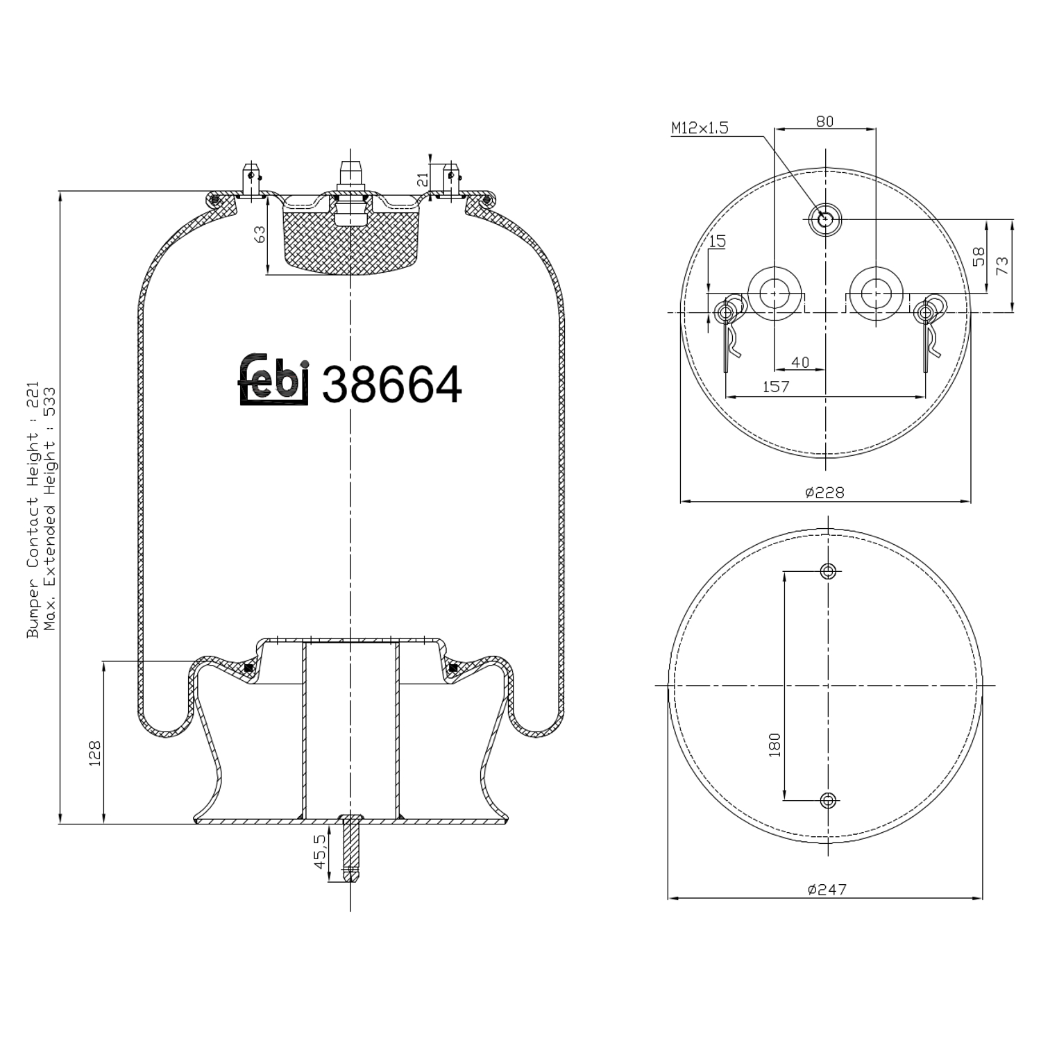 FEBI BILSTEIN Federbalg, Luftfederung 38664 Universal vorne rechts links mit Kolben 228mm Image