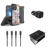 Accessories Bundle for iPhone 14 Pro Case - Heavy Duty Rugged Protector Cover (Watercolor Floral) Belt Holster Clip 30W Car Charger UL Dual Wall Charger 2 MFI Certified USB C Lightning Cables