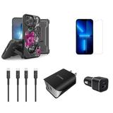 Accessories Bundle for iPhone 14 Pro Max Case - Heavy Duty Rugged Protector Cover (Lotus Flower) Belt Holster Clip Screen Protectors 30W Car Charger UL Dual Wall Charger Lightning Cables
