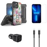 Accessories Bundle for iPhone 14 Pro Case - Heavy Duty Rugged Protector Cover (Watercolor Floral) Belt Holster Clip Screen Protectors 30W Dual Car Charger USB-C to MFI Certified Lightning Cable