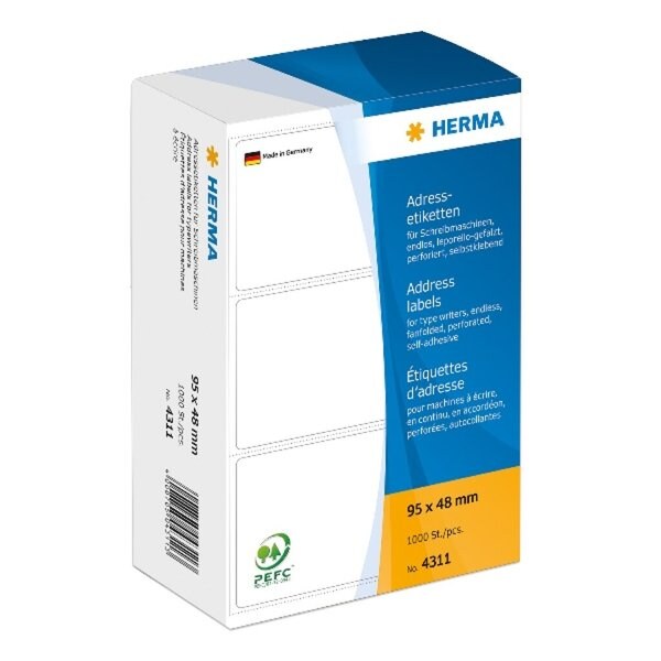 HERMA Adressetiketten für Schreibmaschinen 95x48 mm, 1000 Etiketten, endlos leporello-gefalzt, weiß Papier matt Image