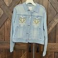 Lularoe Jackets & Coats | Large Lularoe Harvey Denim Jacket Light Blue Wash With Green, Yellow, And White | Color: Blue | Size: L