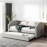 Full Size Selected Linen Fabric Upholstered Daybed with Twin Trundle / Rivets Curbed Arms / Horizontal Bar Backrest / Slats Kit