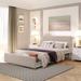 Queen Size Upholstered Storage Bed Metal Platform Bed with 1 Footside Drawer / Linen Headboard / 15 Metal Slats / Edge Support