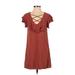 Very J Casual Dress - Shift Plunge Short sleeves: Brown Print Dresses - Women's Size Small