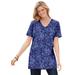 Plus Size Women's Perfect Printed Short-Sleeve Shirred V-Neck Tunic by Woman Within in Evening Blue Paisley (Size 3X)