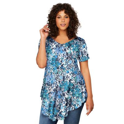 Plus Size Women's V Neck Swing Ultra Drape Tunic by Roaman's in Navy Garden Grove (Size 12) Short Sleeve V-Neck Shirt