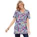 Plus Size Women's Perfect Printed Short-Sleeve Shirred V-Neck Tunic by Woman Within in Heather Grey Field Floral (Size 2X)