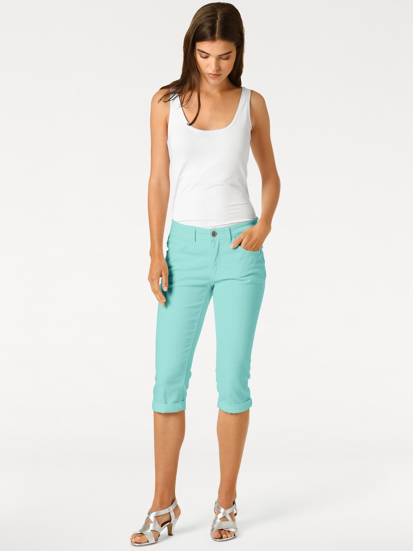 3/4-Hose HEINE, Damen, Gr. 38, Normalgrößen, blau (türkis), 98% Baumwolle, 2% Elasthan, unifarben, knielang, Hosen