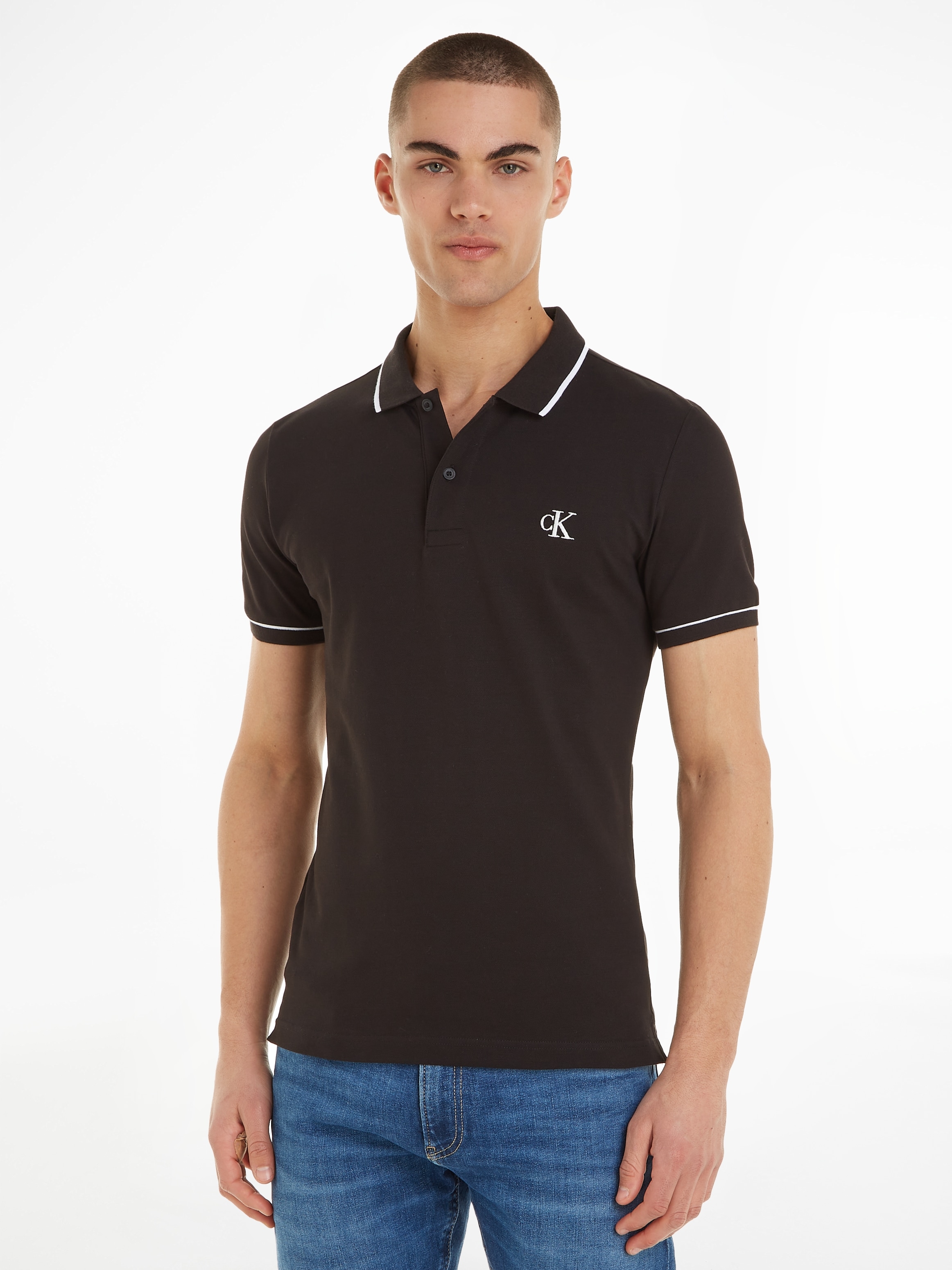 Poloshirt CALVIN KLEIN JEANS "CK ESSENTIAL TIPPING SLIM POLO", Herren, Gr. XL (54), schwarz (ck schwarz, raven), Web, Obermaterial: 94% Baumwolle, 6% Elasthan, bestickt, unifarben, schmal hüftlang, eingesetzt Bündchen, Shirts, mit Markenstickerei Image
