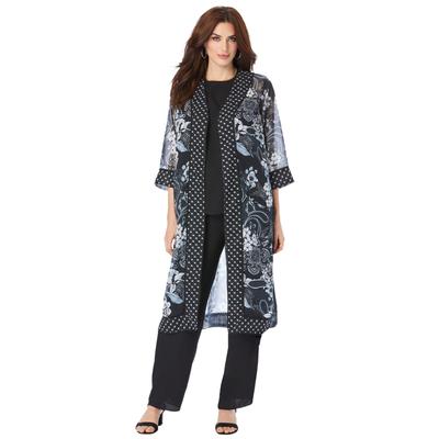 Plus Size Women's Three-Piece Duster & Pant Suit by Roaman's in Black Paisley Garden (Size 44 W) Formal Sheer Duster Pull On Wide Leg