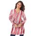 Plus Size Women's Long-Sleeve V-Neck Ultimate Tunic by Roaman's in Coral Textured Stripe (Size S) Long Shirt