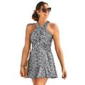 Plus Size Women's High Neck Wrap Swimdress by Swimsuits For All in Black White Abstract (Size 14)