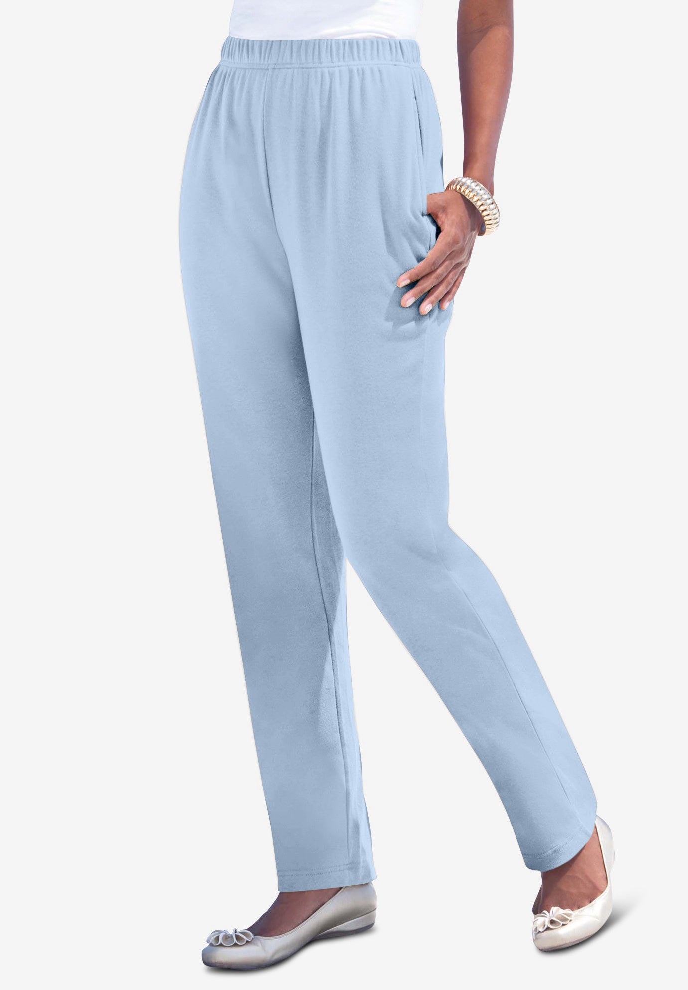 Plus Size Women's Plus Size Straight Leg Soft Knit Pull On Pant by Roaman's in Pale Blue (Size M) Pull On Elastic Waist