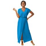 Plus Size Women's Stretch Knit Ruffle Maxi Dress by The London Collection in Pool Blue (Size 12 W)