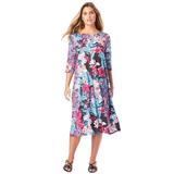 Plus Size Women's Ultrasmooth® Fabric Boatneck Swing Dress by Roaman's in Ocean Paisley Garden (Size 42/44) Stretch Jersey 3/4 Sleeve Dress