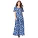 Plus Size Women's Flutter-Sleeve Crinkle Dress by Roaman's in Navy Ikat Floral (Size 30/32)