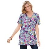 Plus Size Women's Perfect Printed Short-Sleeve Shirred V-Neck Tunic by Woman Within in Heather Grey Field Floral (Size 6X)