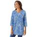 Plus Size Women's Perfect Printed Three-Quarter-Sleeve V-Neck Tunic by Woman Within in French Blue Jacquard Floral (Size 18/20)