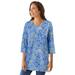 Plus Size Women's Perfect Printed Three-Quarter-Sleeve V-Neck Tunic by Woman Within in French Blue Jacquard Floral (Size 22/24)