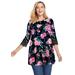 Plus Size Women's Crochet-Trim Three-Quarter Sleeve Tunic by Woman Within in Black Watercolor Floral (Size 34/36)