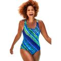 Plus Size Women's Chlorine Resistant Cross Back One Piece Swimsuit by Swimsuits For All in Teal Diagonal Stripe (Size 14)