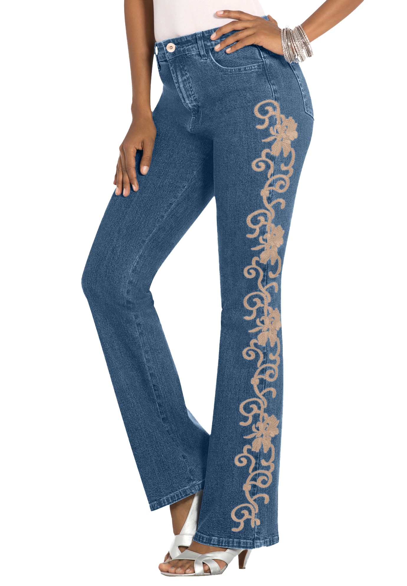 Plus Size Women's Plus Size Whitney Jean with Invisible Stretch® by Denim 24/7 by Roamans in New Khaki Swirl Embroidery (Size 40 W) Embroidered Bootc
