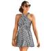 Plus Size Women's High Neck Wrap Swimdress by Swimsuits For All in Black White Abstract (Size 14)