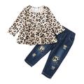 KIMI BEAR Toddler Baby Girls Jeans Outfits 2T Girls Fall Winter Clothing Set 3T Girls Casual Leopard Element Long Sleeve Ruffled Top Ripped Jeans 2PCs Set Khaki
