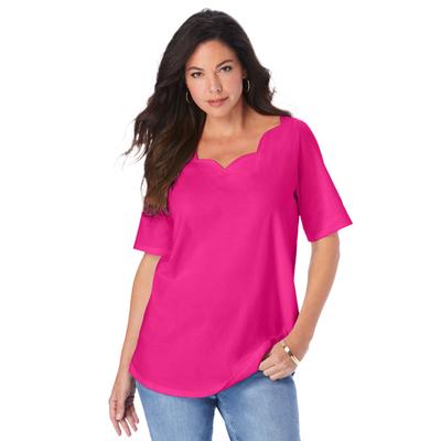 Plus Size Women's Scalloped Scoop Neck Ultimate Tee by Roaman's in Vivid Pink (Size 26/28)