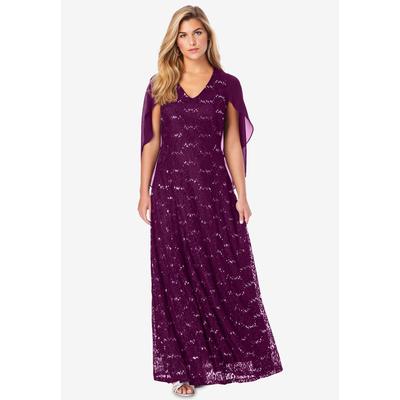 Plus Size Women's Lace Cape Gown by Roaman's in Dark Berry (Size 42 W)