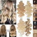 MY-LADY Wavy Tape in Remy Human Hair Extensions Curly Body Wavy Seamless Skin Weft Full Head Hairpiece US Stock 20PCS 18 #60 Platinum Blonde