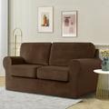 TOPCHANCES 5-Pieces Loveseat Sofa Covers Velvet Stretch Couch Slipcovers for 2 Cushion Sofa Anti-Slip Furniture Slipcover with Separate Cushion Covers and Backrest Covers (Coffee)