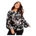 Plus Size Women's Split-Neck Blouson-Sleeve Top by June+Vie in Black Etched Floral (Size 14/16)