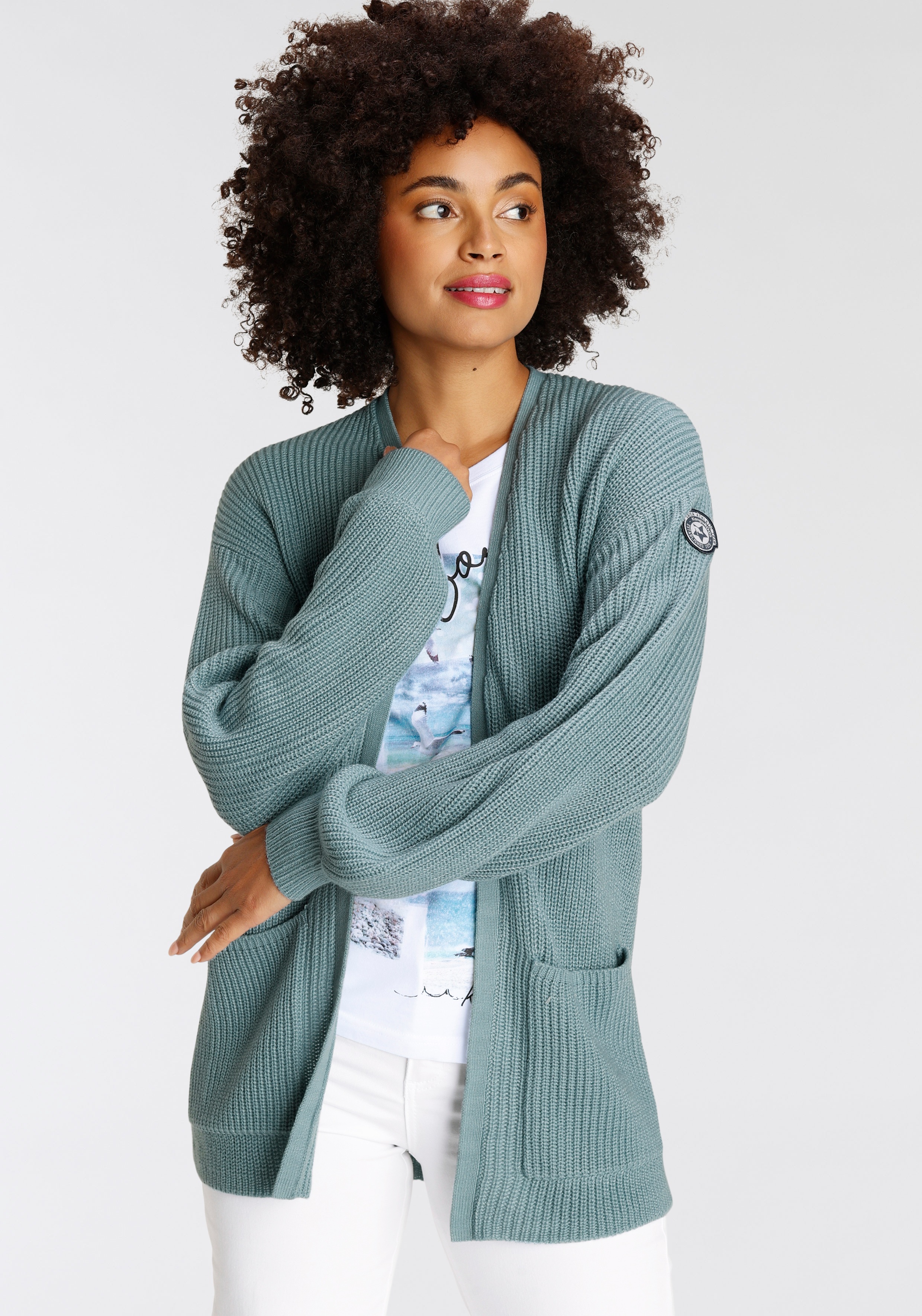 Strickjacke KANGAROOS, Damen, Gr. 40/42, blau (blaugrau), Strick, Obermaterial: 100% Polyacryl, kontrastfarbene Details, unifarben mit Farbeinsatz, gerade hüftbedeckend, V-Ausschnitt, Puffärmel Rippstrickbündchen, Strickjacken Strickjacke, aus...