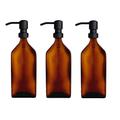 Avalon Set of Three Amber Glass Pump Rectangular Bottles with Stainless Steel Pump, Amber Glass Soap Dispenser, Refillable Brown Glass Bottles (BPA-Free) (Matt Black, 500ml)