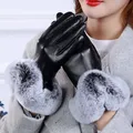 Gants d'Hiver en Faux Lapin pour Femme en Cuir PU Mitaines à Écran Tactile Chauds pour la