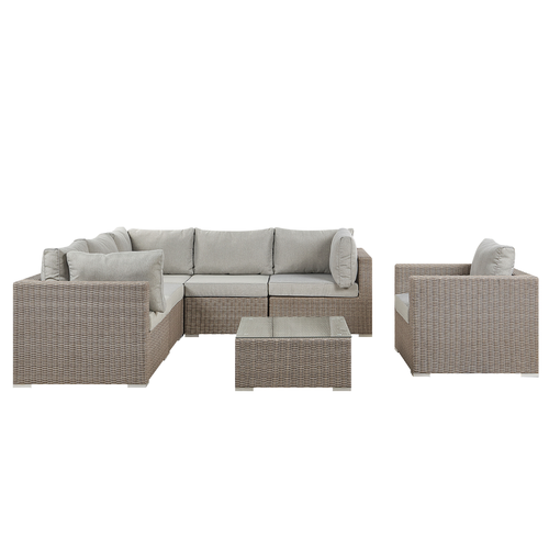 Gartenmöbel Set Taupe Rattan Textil Hellgrau inkl. Kissen 6-Sitzer Rechtsseitig Terrasse Outdoor Modern