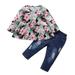 KIMI BEAR Newborn Girls Outfits 6 Months Newborn Girls Autumn Winter Outfits 9 Months Newborn Girls Sweet Flower Print Long Sleeve Top + Denim Pants 2PCs Set Multi-color